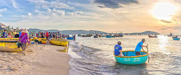 Landscape brisk trade in fish at Mui Ne fishing village Phan Thiet, Vietnam - July 26th, 2016: Landscape brisk trade in fish at Mui Ne fishing village on a sunny morning, which attracts tourists to visit basket boat stock pictures, royalty-free photos & images