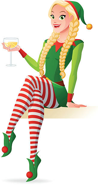 bildbanksillustrationer, clip art samt tecknat material och ikoner med woman in christmas elf costume toasting with champagne. vector illustration. - tomtekvinna