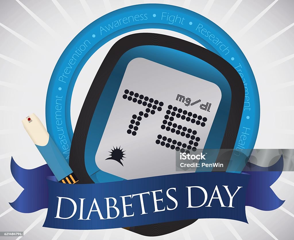 Electronic Glucometer and Test Strip Commemorating World Diabetes Day Poster with glucometer and test strip for glucose control commemorating World Diabetes Day decorated with a blue ribbon and circle with values for this date. Alertness stock vector