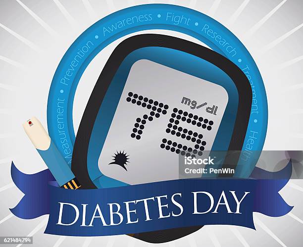 Electronic Glucometer And Test Strip Commemorating World Diabetes Day Stock Illustration - Download Image Now