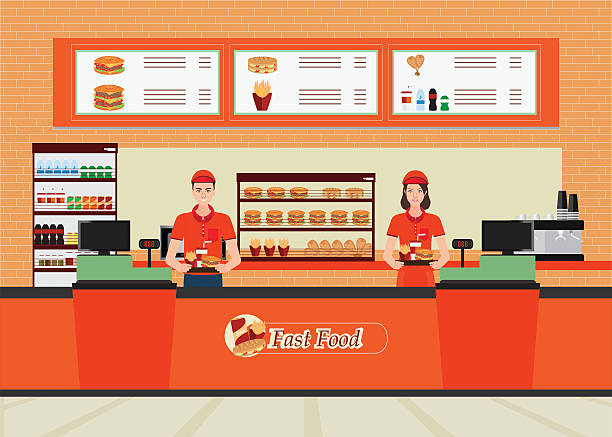 ilustrações de stock, clip art, desenhos animados e ícones de male and female cashier at fast food restaurant  interior. - burger sandwich hamburger eating