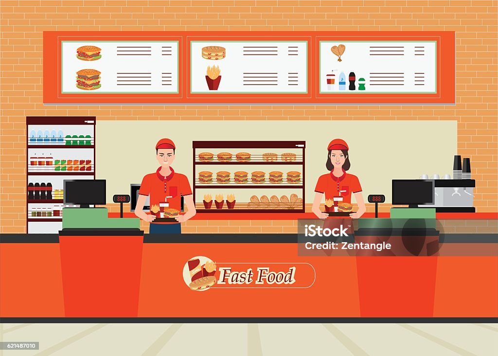 Male and female cashier at fast food restaurant  interior. Male and female cashier at fast food restaurant  interior with hamburger and beverage, character flat design vector illustration. Fast Food Restaurant stock vector