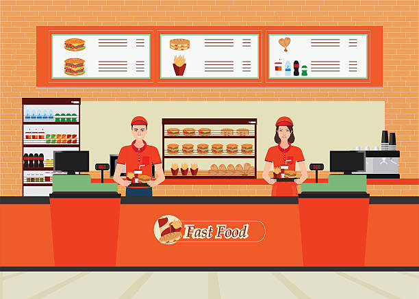 Male and female cashier at fast food restaurant  interior. Male and female cashier at fast food restaurant  interior with hamburger and beverage, character flat design vector illustration. fast food stock illustrations