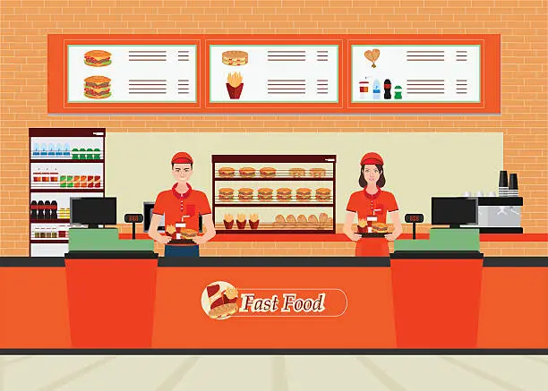 Vector illustration of Male and female cashier at fast food restaurant  interior.