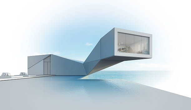 istock sea view house with pool in modern design, Abstract building 621492660