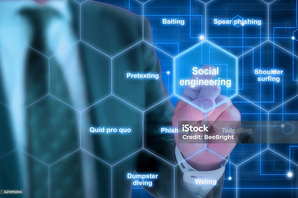 Elite hacker social engineering concept Hexagon grid with social engineering keywords like phishing and tailgating with a elite hacker in suit background Engineer Stock Photo