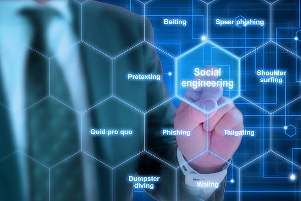 Elite hacker social engineering concept Hexagon grid with social engineering keywords like phishing and tailgating with a elite hacker in suit background social issues stock pictures, royalty-free photos & images