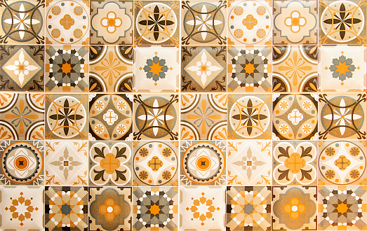 Colorful vintage ceramic tiles wall decoration.Turkish ceramic tiles wall background