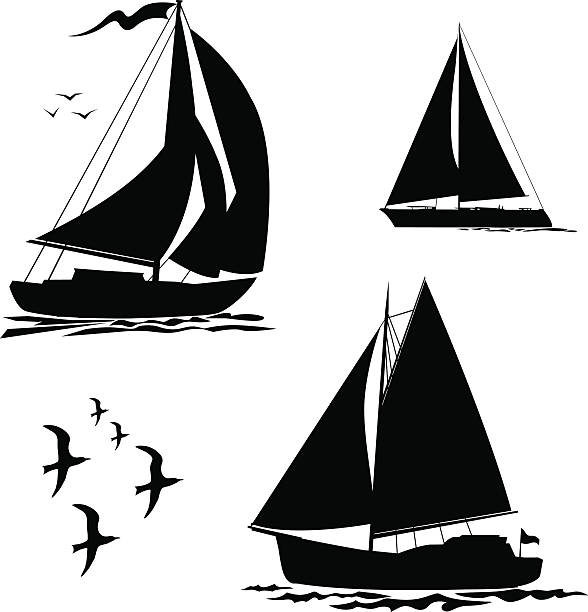 ilustrações de stock, clip art, desenhos animados e ícones de yacht, sailboats and gull set - sailboat