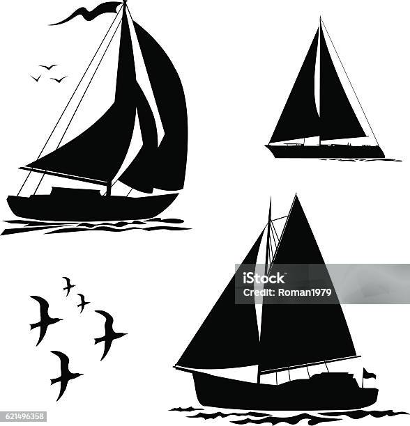 Yacht Sailboats And Gull Set-vektorgrafik och fler bilder på Segelbåt - Segelbåt, Silhuett, Vektor