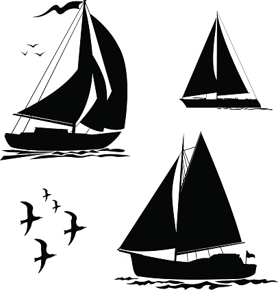 Yacht, sailboats and gull set. Black silhouette isolated on white background. Stock vector illustration.
