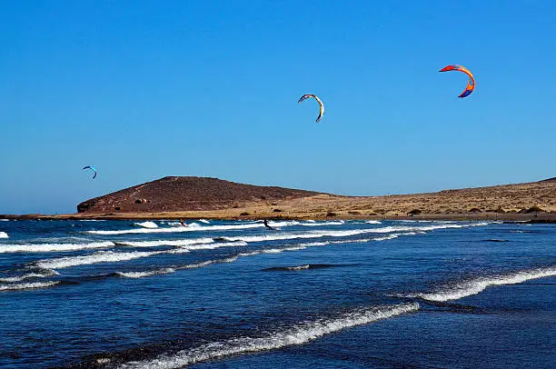 El Medano surfing and kitesurfing beach in south coast of Tenerife,Canary Islands,Spain.Travel or vacation concept.