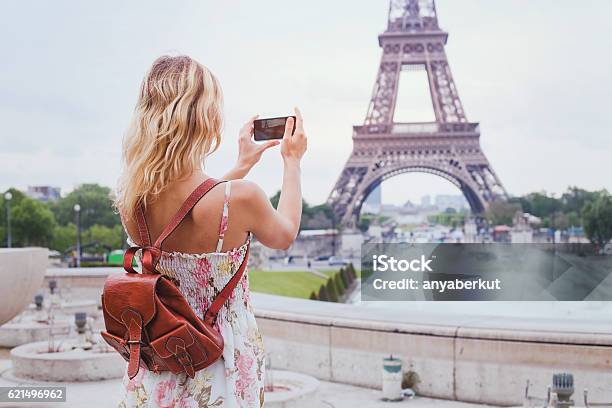 Tourist Taking Photo Of Eiffel Tower In Paris Stock Photo - Download Image Now - Paris - France, Tourist, Tourism