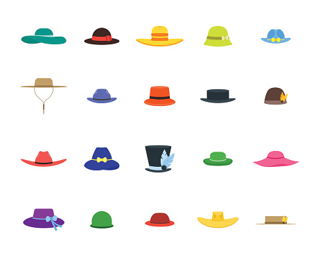 Color Hats Set Fashion for Men and Women. Flat Design Style. Vector illustration