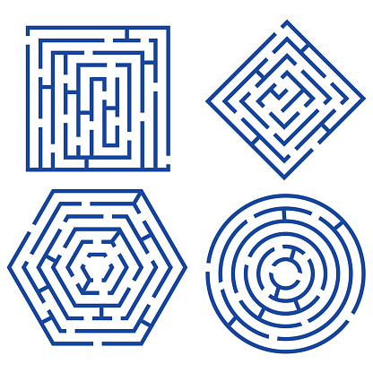 Labyrinth Set Different Shapes for Game, Books, Leisure. Vector illustration