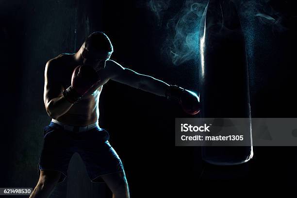 Male Boxer Boxing In Punching Bag Stock Photo - Download Image Now - Kickboxing, Boxing - Sport, Sports Training