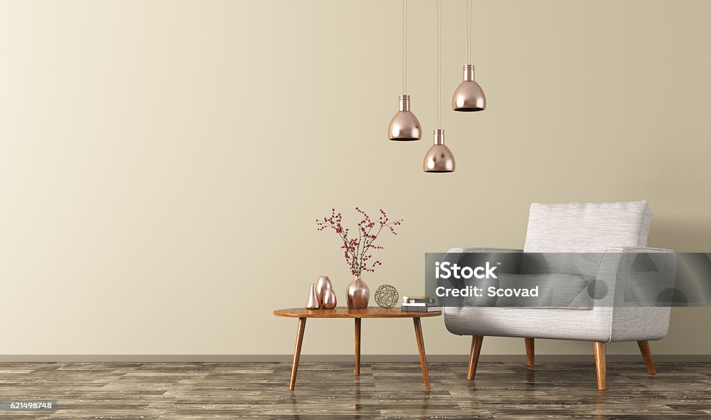 Interior of room with armchair, lamps, table 3d rendering Modern living room interior with wooden coffee table,white armchair and copper lamps 3d rendering Table Stock Photo