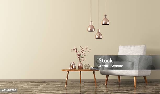 Interior Of Room With Armchair Lamps Table 3d Rendering Stock Photo - Download Image Now