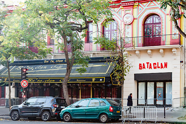 Bataclan concert hall new logo Paris, France - October 30, 2016: New Bataclan logo on the front wall of this concert hall where 90 people were killed on November 13th 2015 by Islamic State fanatics. Bataclan concert hall will reopen on November 12th 2016. islamic state stock pictures, royalty-free photos & images