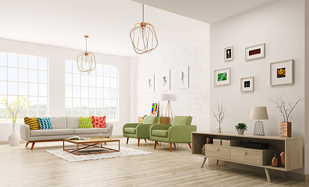 moderno di vivere in camera rendering 3d - carpet caucasian domestic room home interior foto e immagini stock