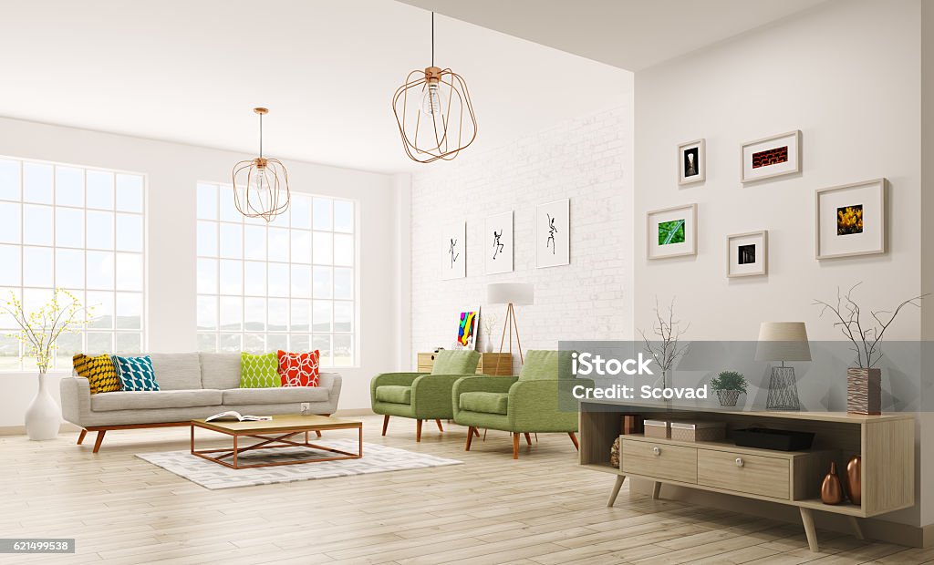 Modern interior of living room 3d rendering Modern interior of living room with sofa, armchairs, scandinavian style 3d rendering Multi Colored Stock Photo