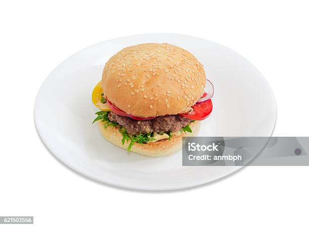 Photo libre de droit de Hamburger Sur Un Plat Blanc Sur Fond Clair banque d'images et plus d'images libres de droit de Aliment - Aliment, Assaisonnements et vinaigrettes, Boeuf haché