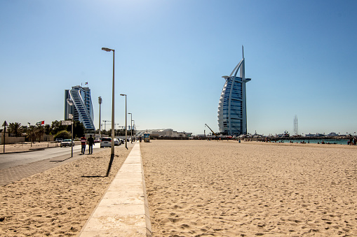 Dubai, United Arab Emirates - November 12, 2014: Beach, Burj Al Arab Hotel, Luxury, United Arab Emirates