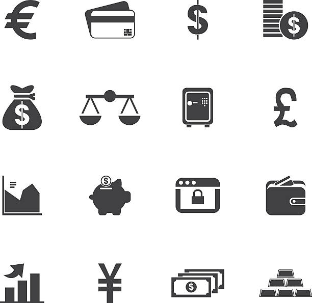 Money Icon Set Money Icons piggy bank gold british currency pound symbol stock illustrations