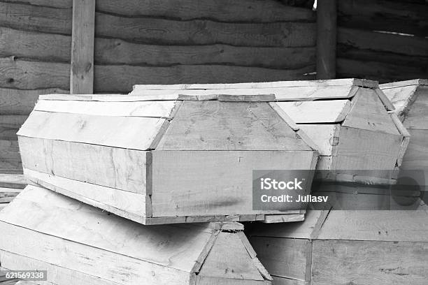 Wooden Coffins Of Various Sizes Black And White Photo Stock Photo - Download Image Now