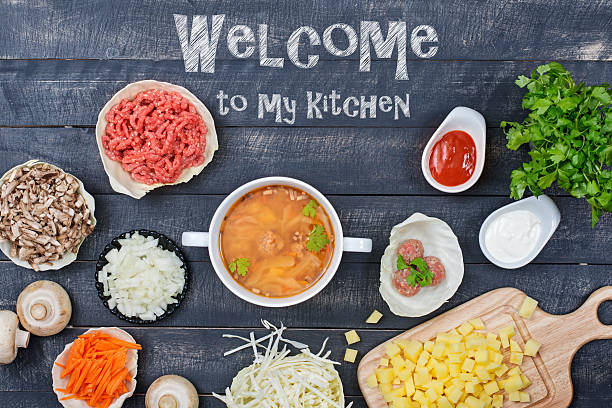 istock Ingredients for cooking soup with meatballs. Top view. 621570906