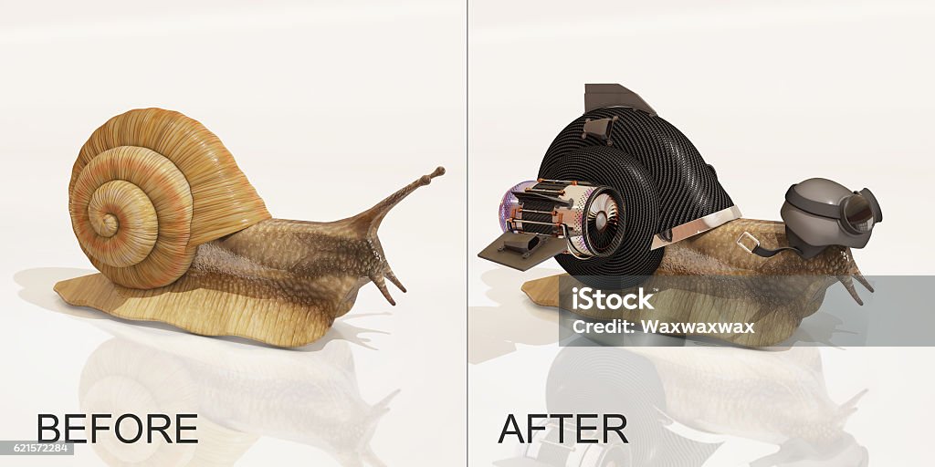 snail, before and after upgrade, 3d rendering Speed Stock Photo