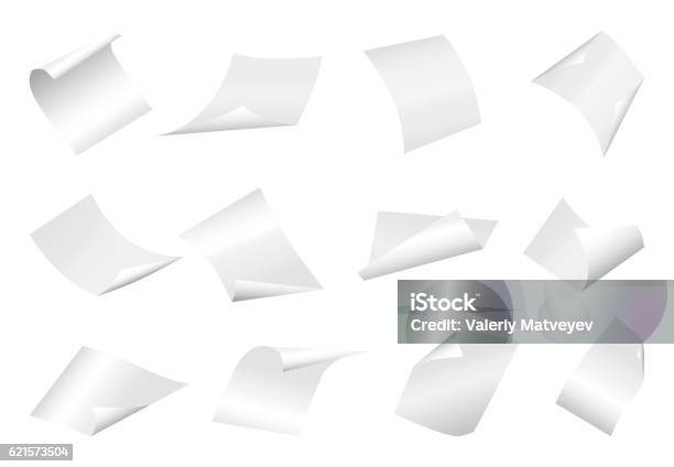 Flying Blank Paper Sheets With Curved Corner On White Background Stock Illustration - Download Image Now