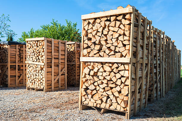 Wood complex for sale at the depot. Chipped fire wood in packing on pallets firewood stock pictures, royalty-free photos & images