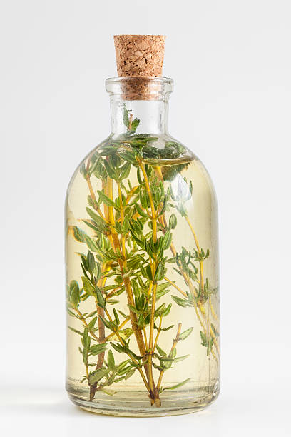 bouteille d’huile essentielle de thym ou infusion - vinegar bottle herb white photos et images de collection