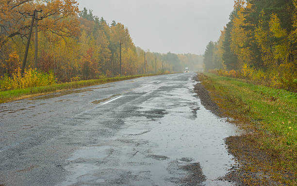 istock Landscape with road, rain and mist in Ukraine 621580184