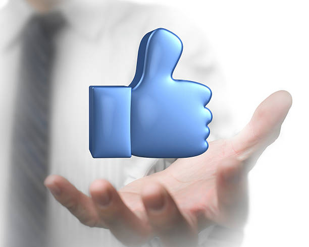 istock Male palm opening with 3D blue thumb up 621582660