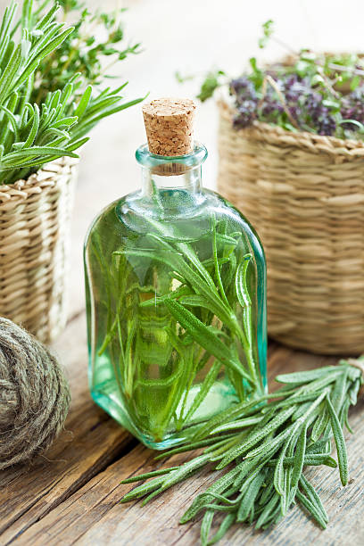 Bottle of essential rosemary oil or infusion and healing herbs Bottle of essential rosemary oil or infusion and basket with healing herbs closeup. tarragon stock pictures, royalty-free photos & images