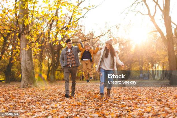 Family Playing In Autumn Leaves Stock Photo - Download Image Now - Family, Autumn, Leaf