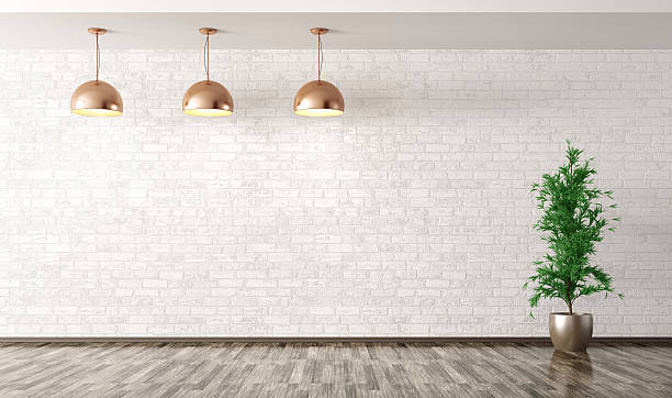 Room with lamps over white brick wall 3d rendering Empty interior background, room with copper metal lamps over white brick wall and plant 3d rendering unfurnished stock pictures, royalty-free photos & images