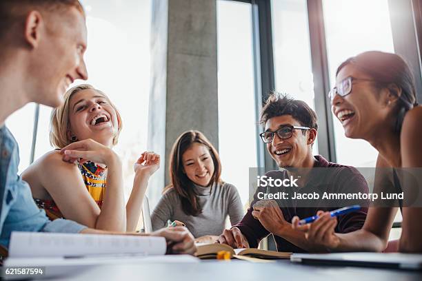 Group Of Happy Young Students In Library Stock Photo - Download Image Now - Student, Group Of People, University Student