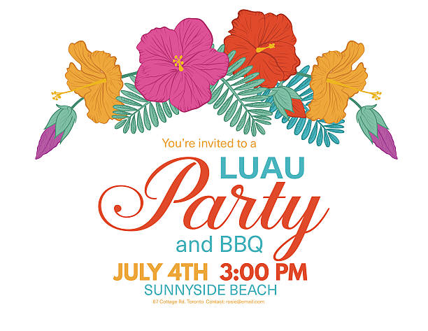 ilustrações, clipart, desenhos animados e ícones de convite de festa havaiana aloha com flores de hibisco e folhas - hibiscus single flower flower red