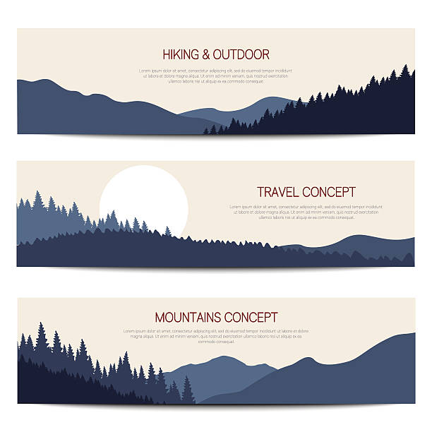 Mountains backgrounds with place for text Set of outdoor horizontal banners. Vector templates for web and print. mountain borders stock illustrations