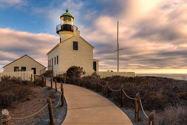 샌디에고, 일몰에 올드 포인트 로마 등대 - san diego california usa travel point loma 뉴스 사진 이미지