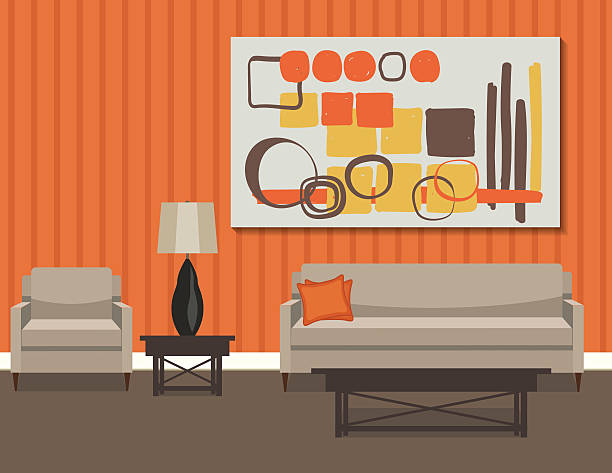 ilustraciones, imágenes clip art, dibujos animados e iconos de stock de sala de estar de estilo retro con sofá y arte - side table illustrations