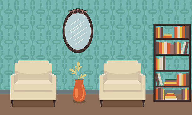Retro Style Living Room With Furniture Retro Style Living Room With chairs, wallpaper and a bookcase. There is an old mirror on the wall. living room illustrations stock illustrations