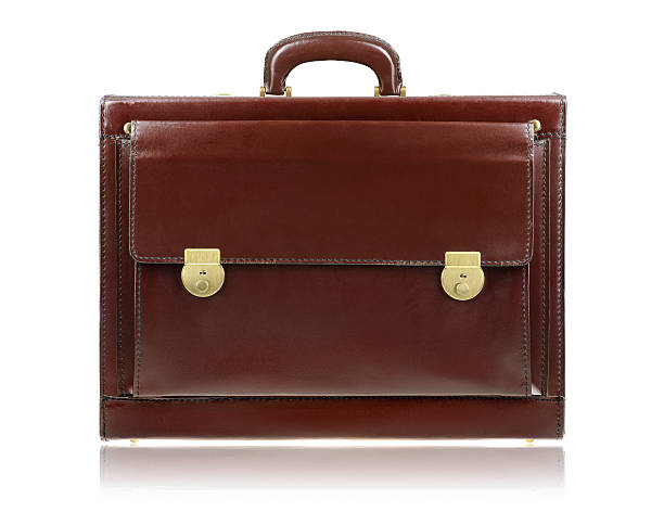 istock Brown leather briefcase isolated on the white background 621591198