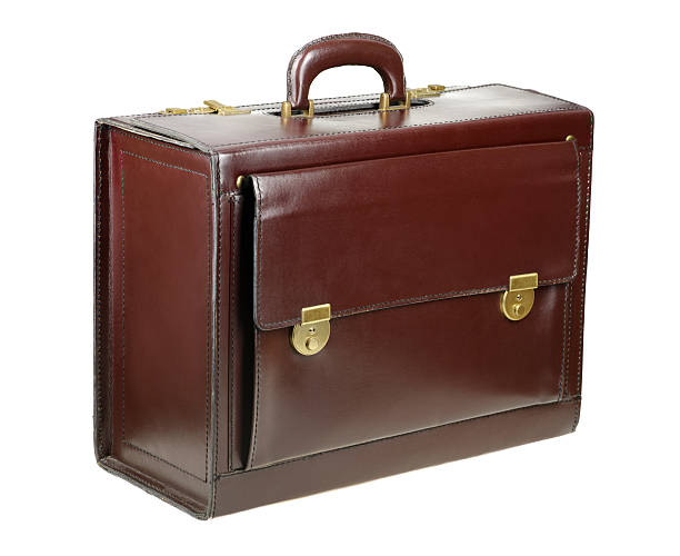 istock Brown leather briefcase isolated on the white background 621591754