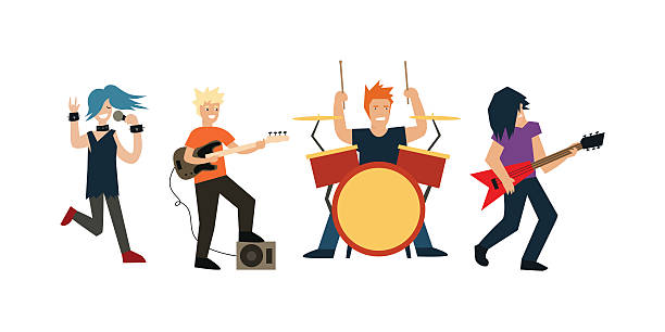 illustrazioni stock, clip art, cartoni animati e icone di tendenza di cartoon rock band. vettore - musical instrument people music young adult