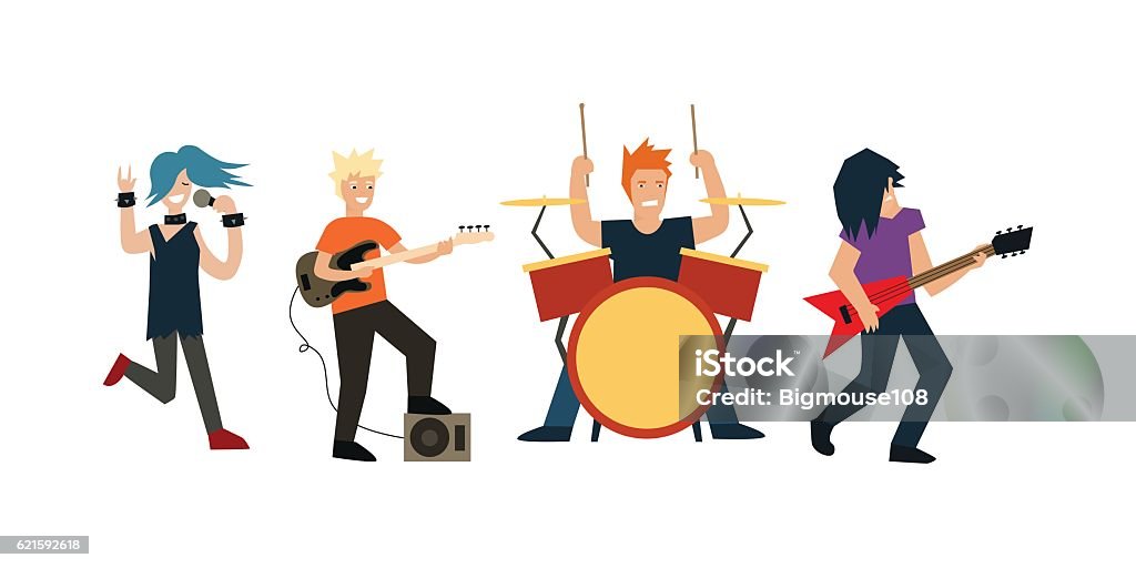 Cartoon Rock Band. Vector Cartoon Rock Band Musicians and Singer. Flat Design Style Vector illustration Cartoon stock vector