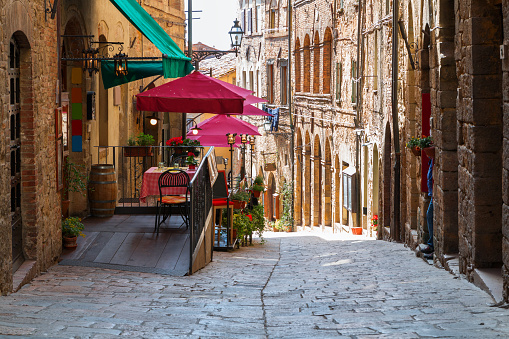 Charming narrow streets of Volterra town in Tuscany, Italy